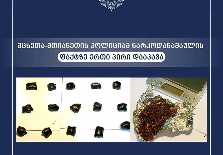 მცხეთა-მთიანეთის პოლიციამ ნარკოდანაშაულის, ოჯახში ძალადობისა და მუქარის ბრალდებით ერთი პირი დააკავა